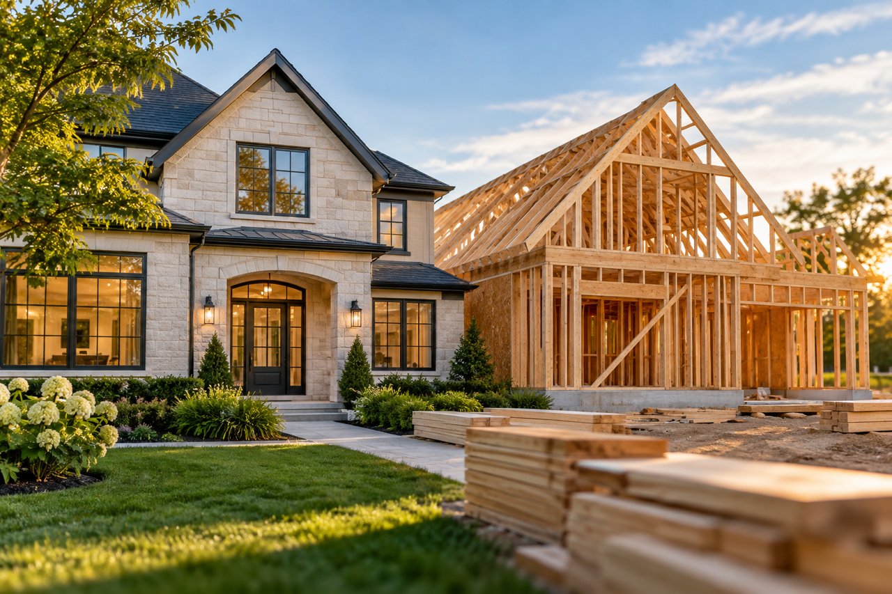 Stone house beside a timber-framed home under construction in warm evening light.