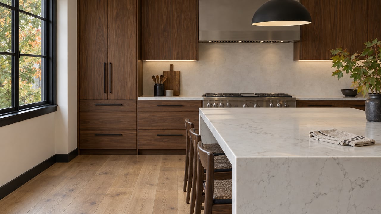 White stone kitchen island with gray veining before walnut cabinets, a stainless range, and a maple-framed window.