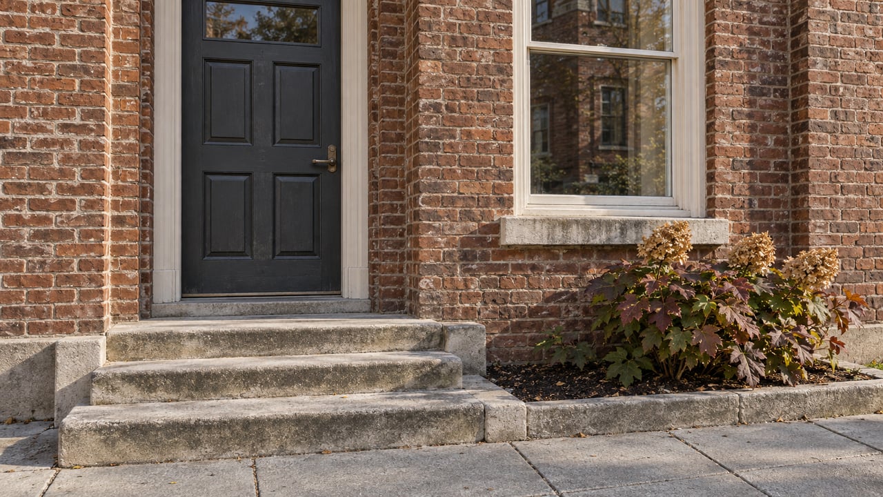 Russet brick townhouse entry with a charcoal door, worn limestone steps, white sash window and autumn oakleaf hydrangea.