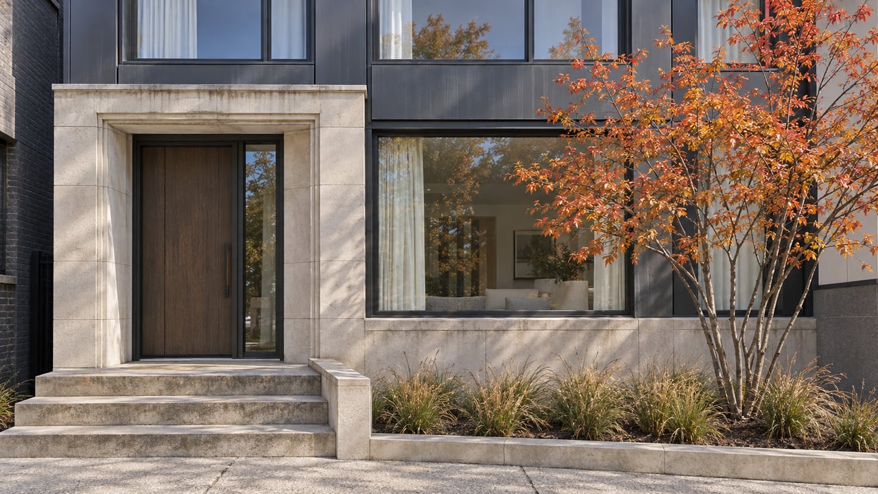 Autumn sunlight on a contemporary glass-and-metal residential facade with an aged limestone entrance and a copper-leaved serviceberry.