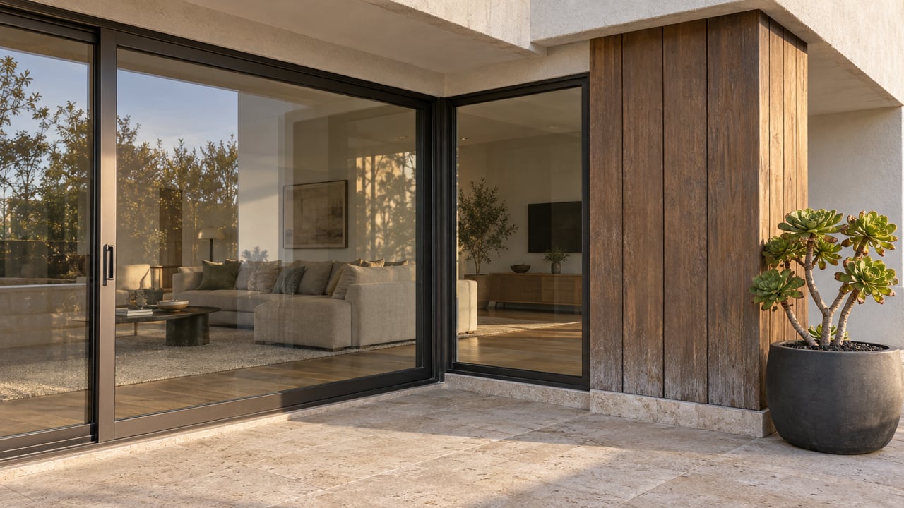 Sunlit limestone terrace beside bronze-framed glazing, ivory stucco and weathered timber, with one sculptural aeonium in a charcoal planter.
