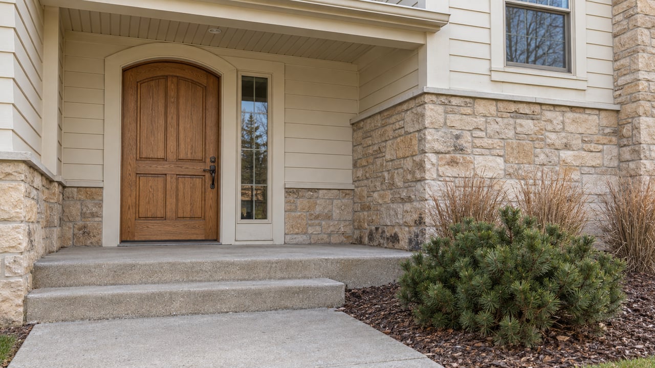 Arched oak front door beside buff sandstone and cream siding, with concrete steps and a small autumn planting bed.