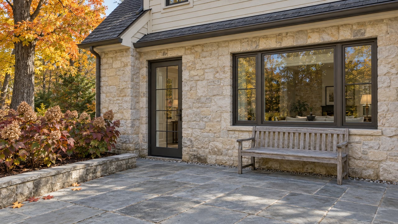 Autumn light on a pale stone and cream clapboard home beside a limestone terrace, teak bench and orange-leaved maple.