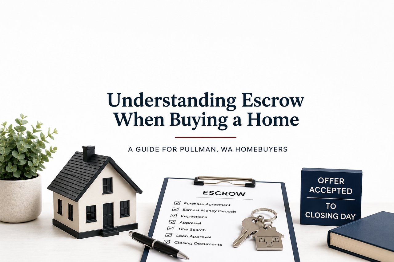 Illustration of a home model, escrow documents, house keys, and closing paperwork representing the home buying escrow process in Pullman, WA.