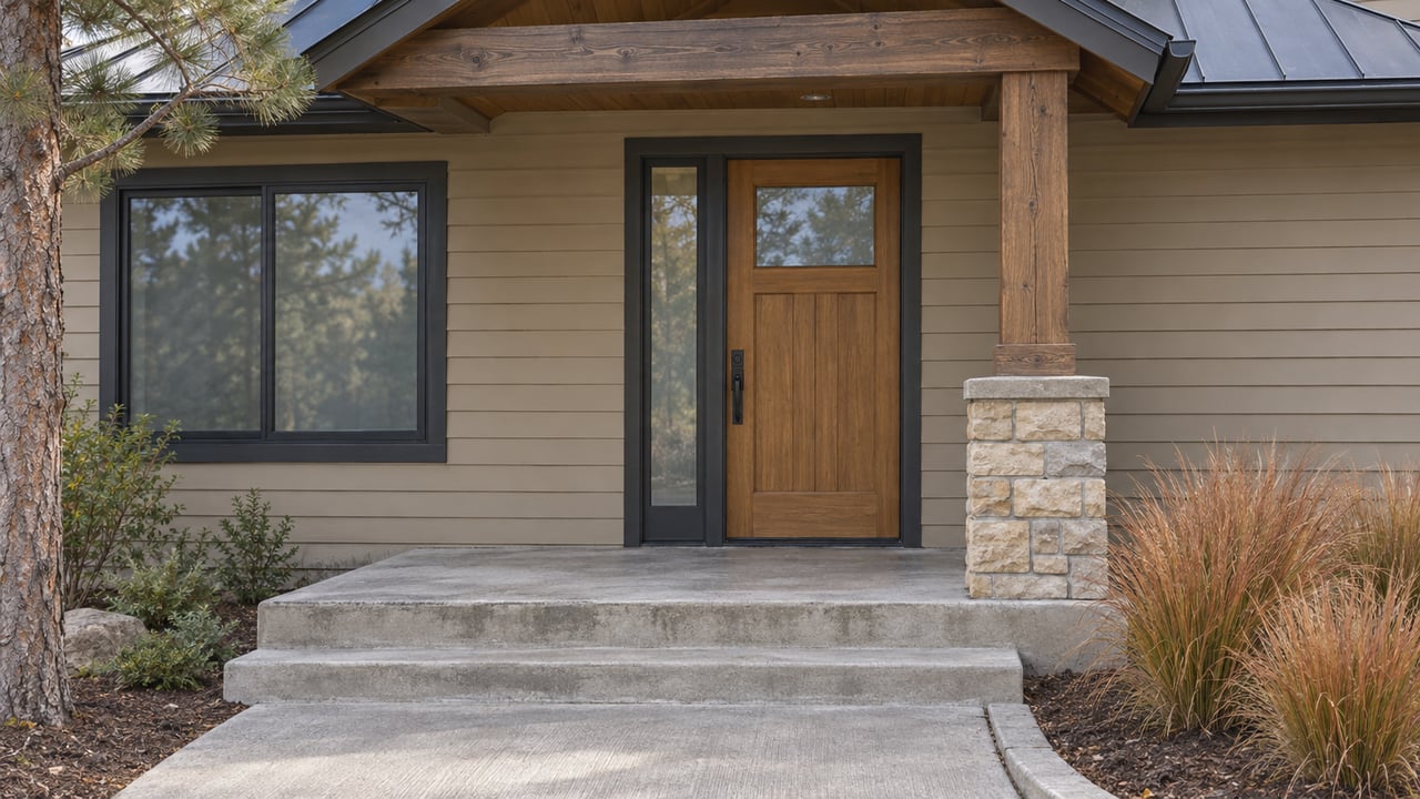 A covered home entry with wheat-colored siding, a wooden door, timber porch support and stone base beside copper-colored autumn grasses.