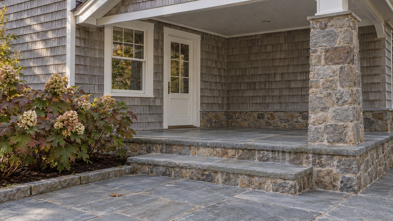 Weathered cedar-shingle home with a fieldstone porch, bluestone steps and oakleaf hydrangeas in early autumn.
