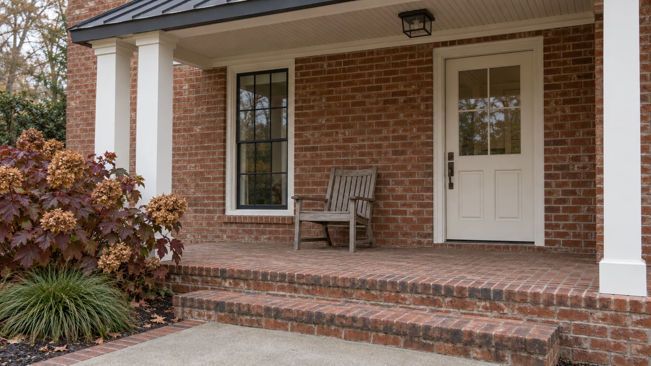 Covered red brick entry with an ivory door, divided-light window, oak chair and late-autumn oakleaf hydrangea beside brick steps.