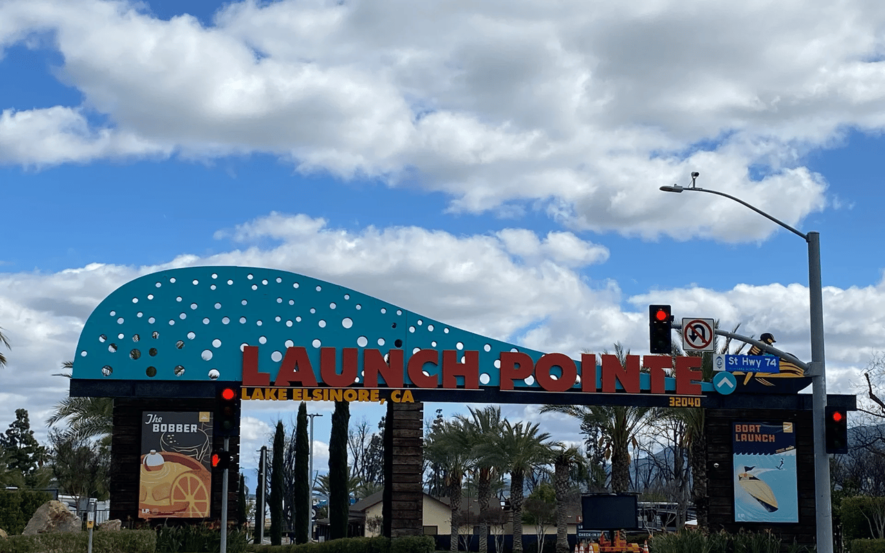Entrance gate to Launch Pointe Recreation Center and RV Resort on Lake Elsinore, California.
