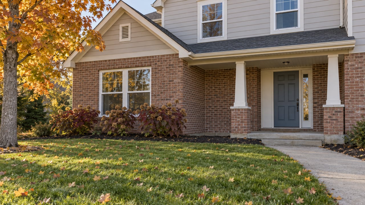Brick and pale-sided two-story house with a covered entry, deep front lawn and amber maple foliage.