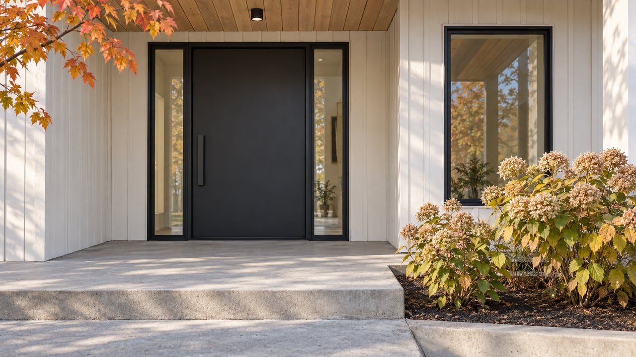 Covered entry of an off-white contemporary home with a charcoal door, black-framed glazing, pale wood soffit and autumn hydrangeas.