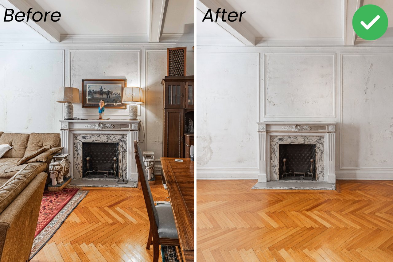 Virtual decluttering example by The Parviz Team at Compass showing a New York City apartment before and after digital decluttering while keeping the property in its original condition.