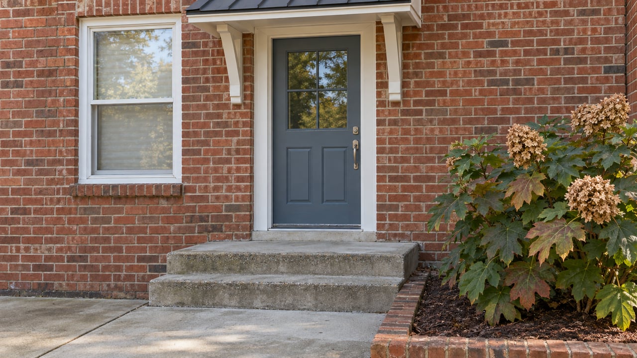 Brick townhouse entry with a slate-blue door, concrete steps and an oakleaf hydrangea beside the approach.