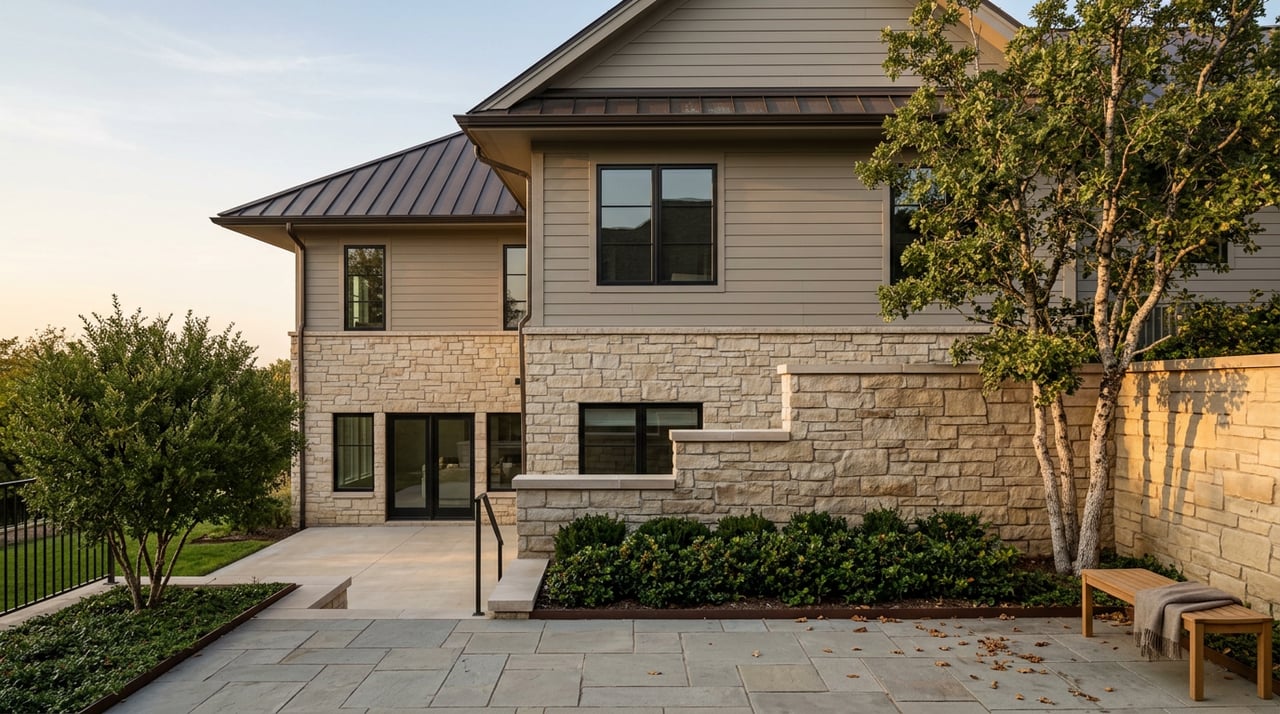 Sloped-lot home with greige siding, stone retaining walls, terraced patios, and a multi-stem oak casting shadows.