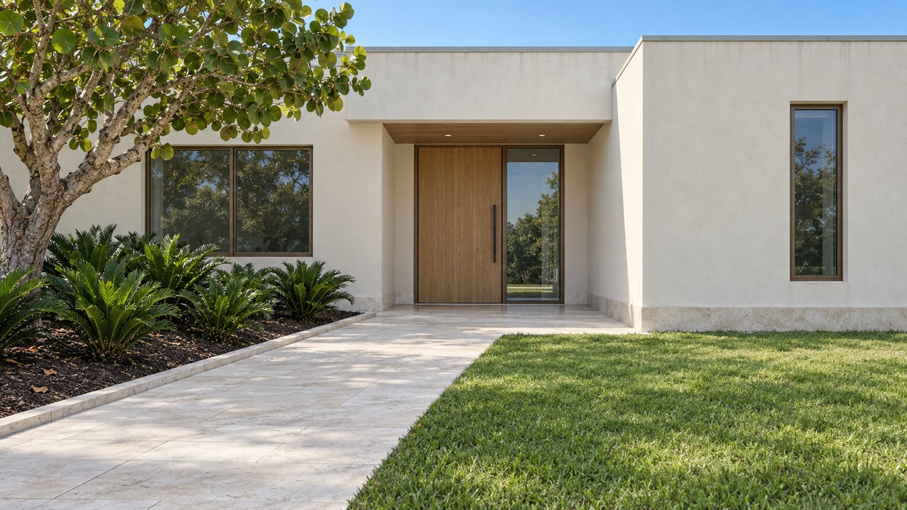 Sunlit ivory-stucco residence with bronze-framed glazing, an oak entry door, and a limestone approach beside a sculptural sea-grape tree.