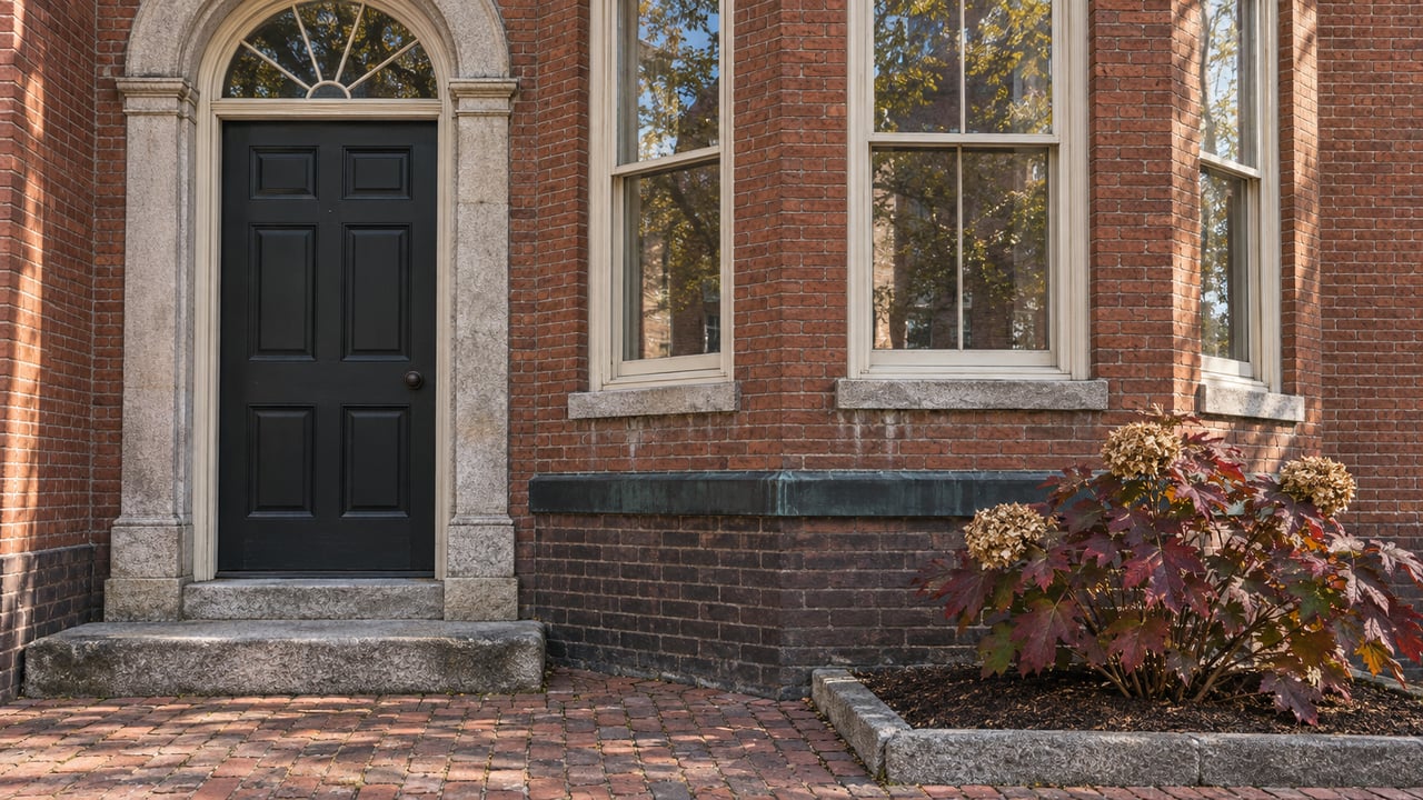 Close exterior of a red-brick residence with a dark timber door, granite entry step, projecting cream-painted window bay and autumn oakleaf hydrangea.