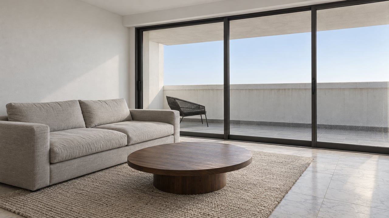 Condominium living room with a gray linen sofa, walnut table and dark-framed glass doors opening visually onto a white concrete balcony.