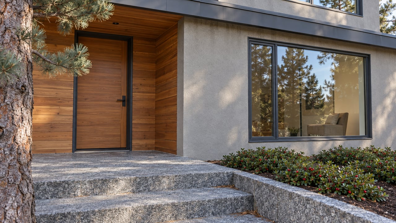 Cedar-lined entry and charcoal-framed picture window beside granite steps, with a pine trunk and low bearberry planting.