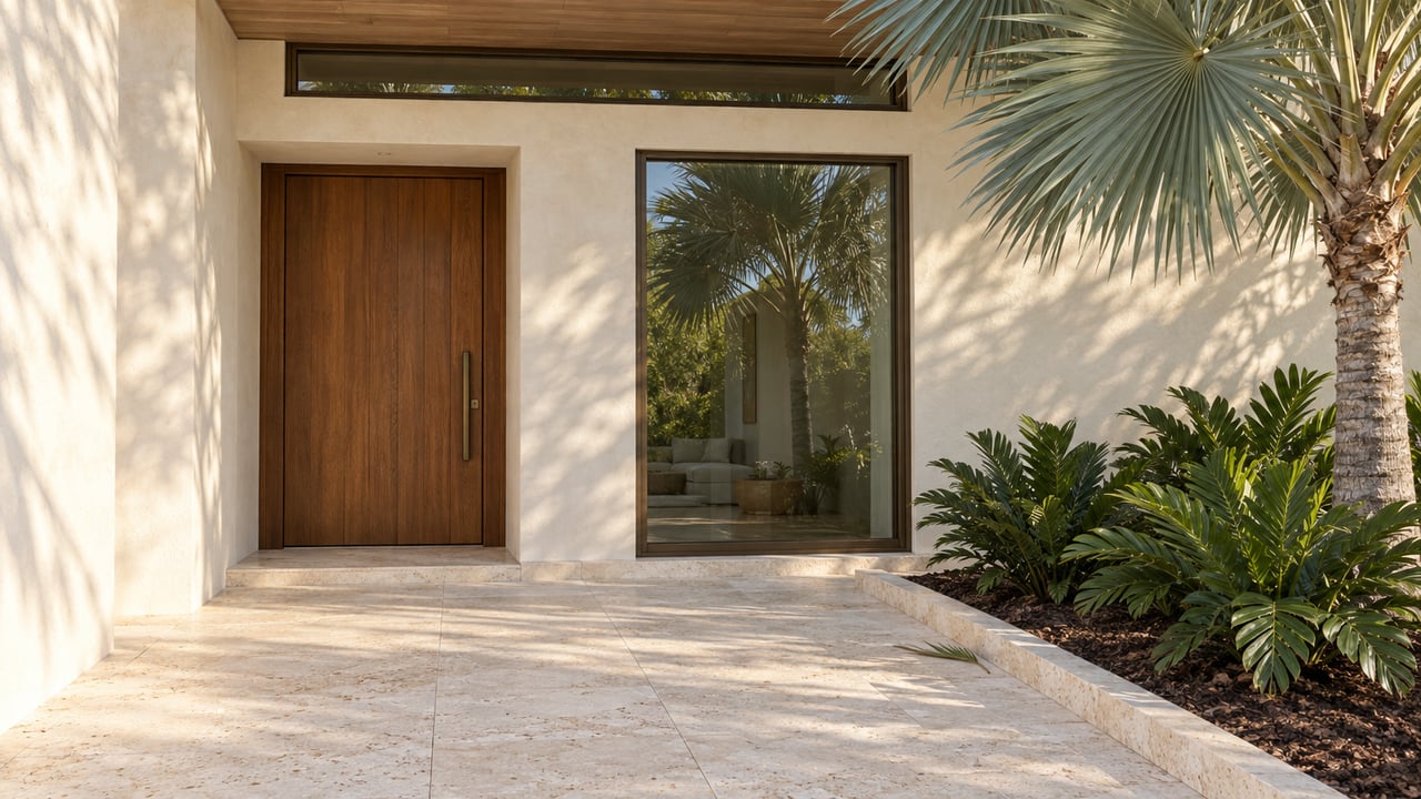 Ivory-stucco house entry with a recessed teak door, bronze-framed window, and silver-green palm beside the shellstone approach.