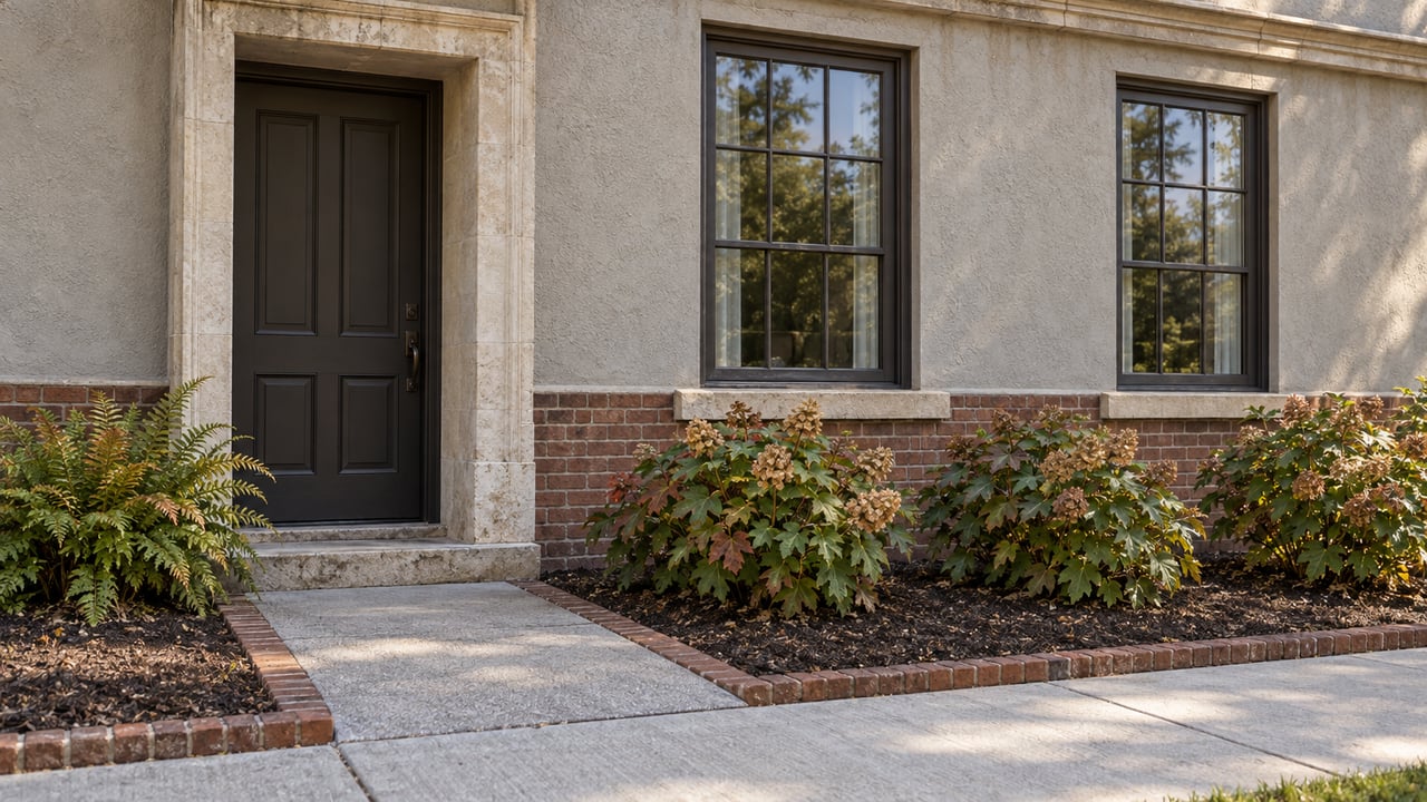 A recessed residential doorway and two tall windows in a gray stucco and brick facade, beside oakleaf hydrangeas and a concrete sidewalk.