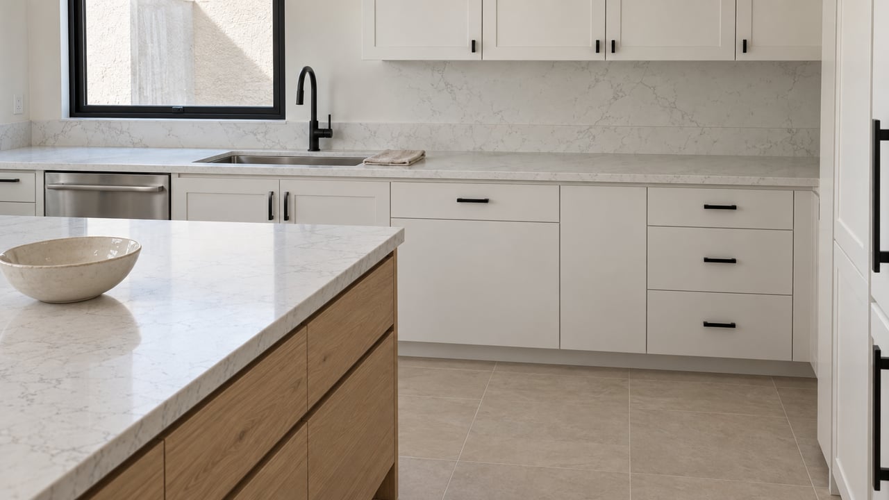 Sunlit kitchen with white cabinets, lightly veined quartz counters, a black-framed window and an oak-fronted island.
