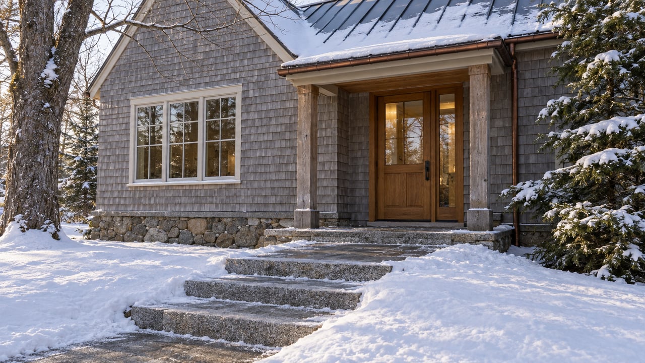 Snow beside granite entry steps leading to a gray-shingled home with a glazed oak door and steep metal roof.