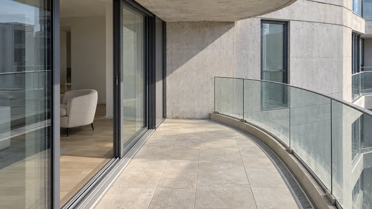 Curved glass condominium terrace with pale stone paving, concrete overhang, and closed floor-to-ceiling sliding doors.