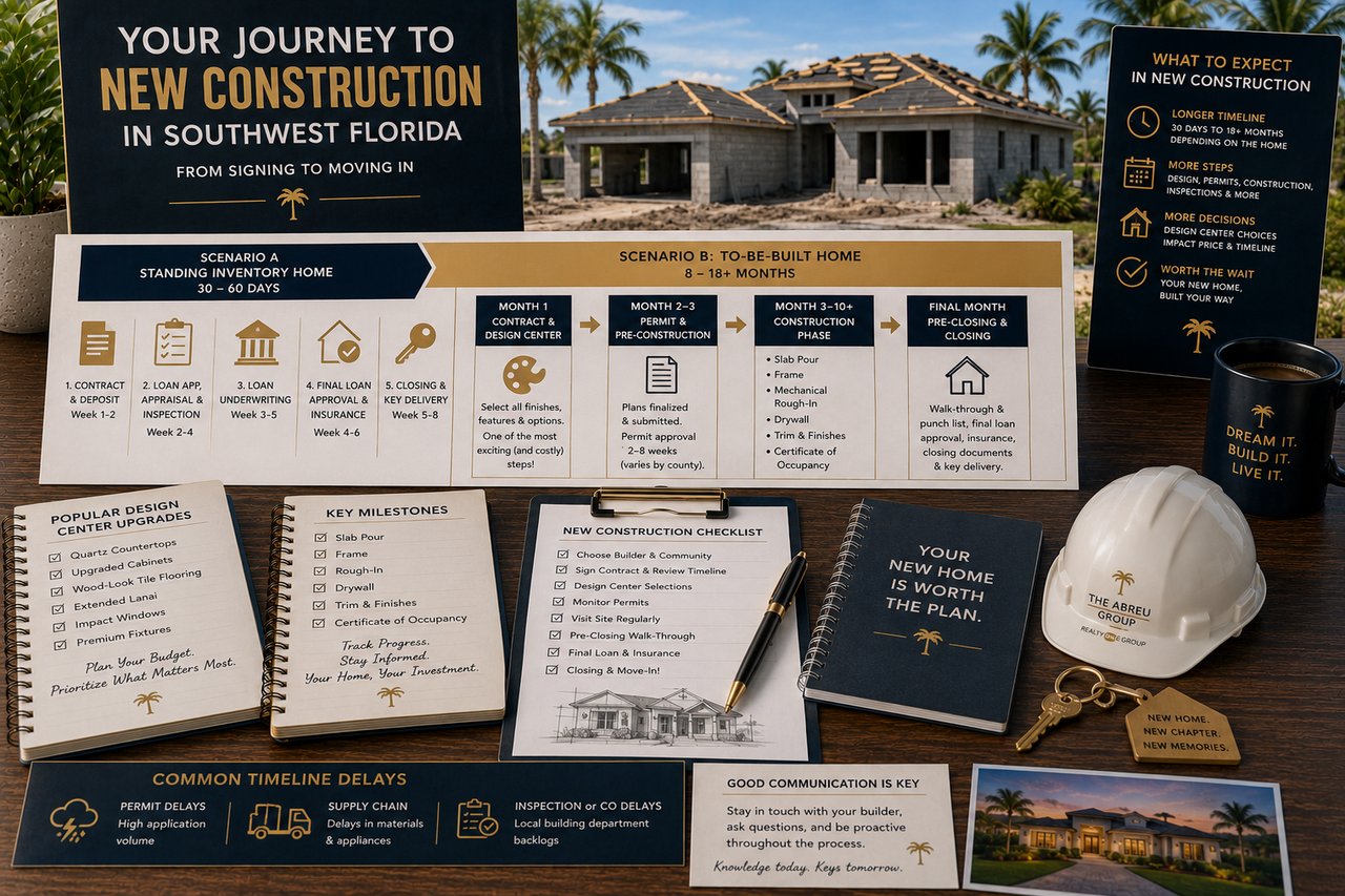 Follow the complete Southwest Florida new construction home buying timeline, from signing the contract and choosing design options to construction, inspections, closing, and moving into your new home in Naples, Fort Myers, Estero, Bonita Springs, and Cape Coral.