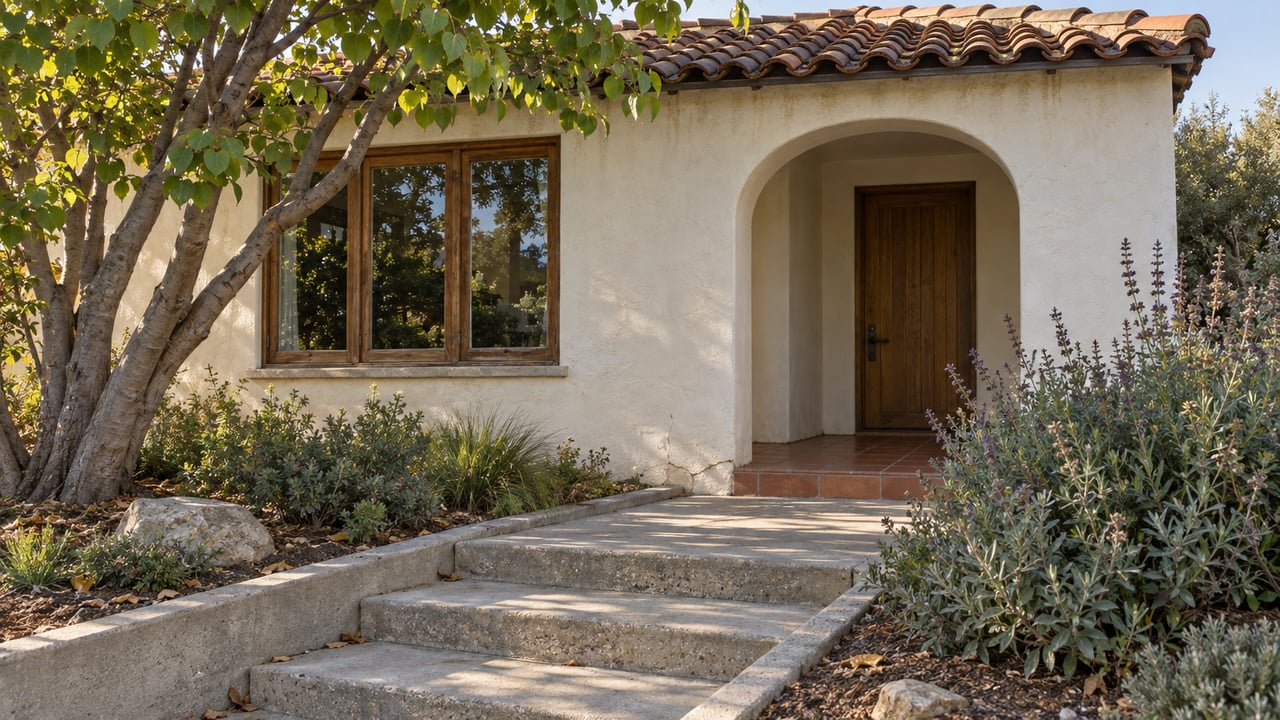 Warm ivory stucco home with a clay tile roof, recessed arched entry, and concrete steps beside a small planted garden.