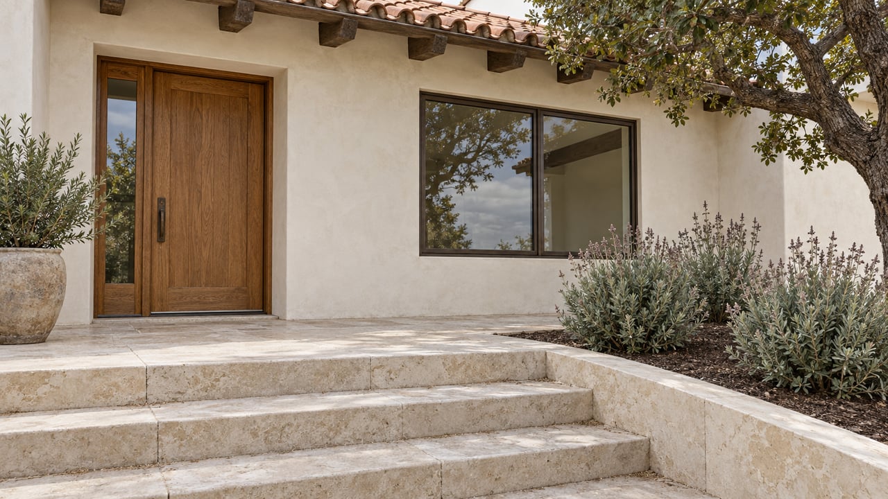Warm stucco home with a terracotta eave, oak entry door, bronze-framed window and pale limestone steps beside sage and a coast live oak.