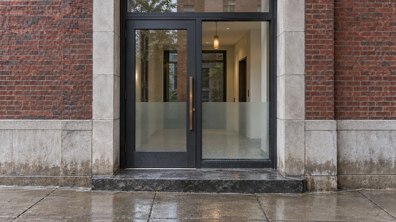Rain-darkened brick surrounds a charcoal-framed residential glass entrance, with a worn stone step above wet concrete pavement.