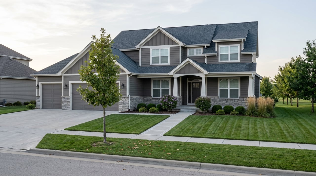 Two-story charcoal-gray home with stone veneer, a broad lawn, paver walkway, and young oak tree.