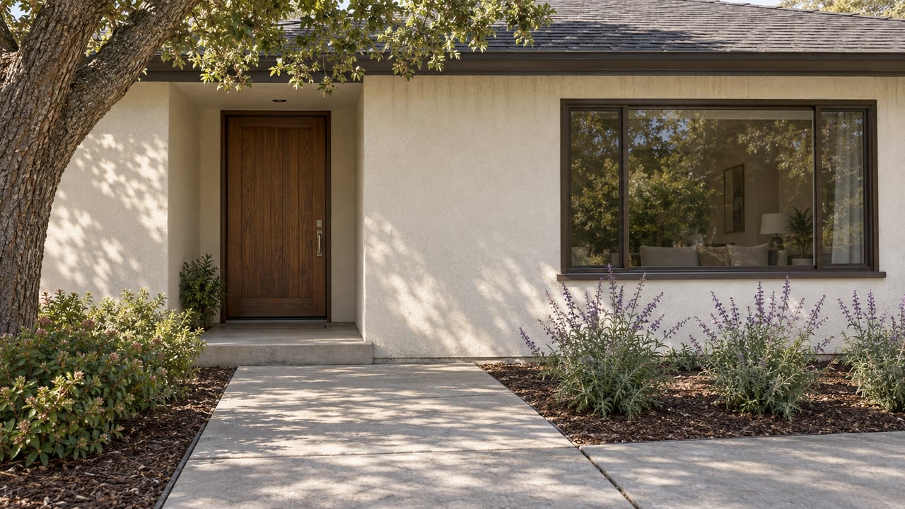 Ivory stucco ranch house with a recessed wood door, wide window, concrete approach, and oak canopy.