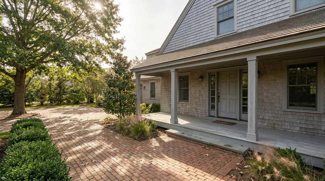 Two-story shingle-clad entry with covered porch, brick pavers, and dappled shade from an overhanging tree.