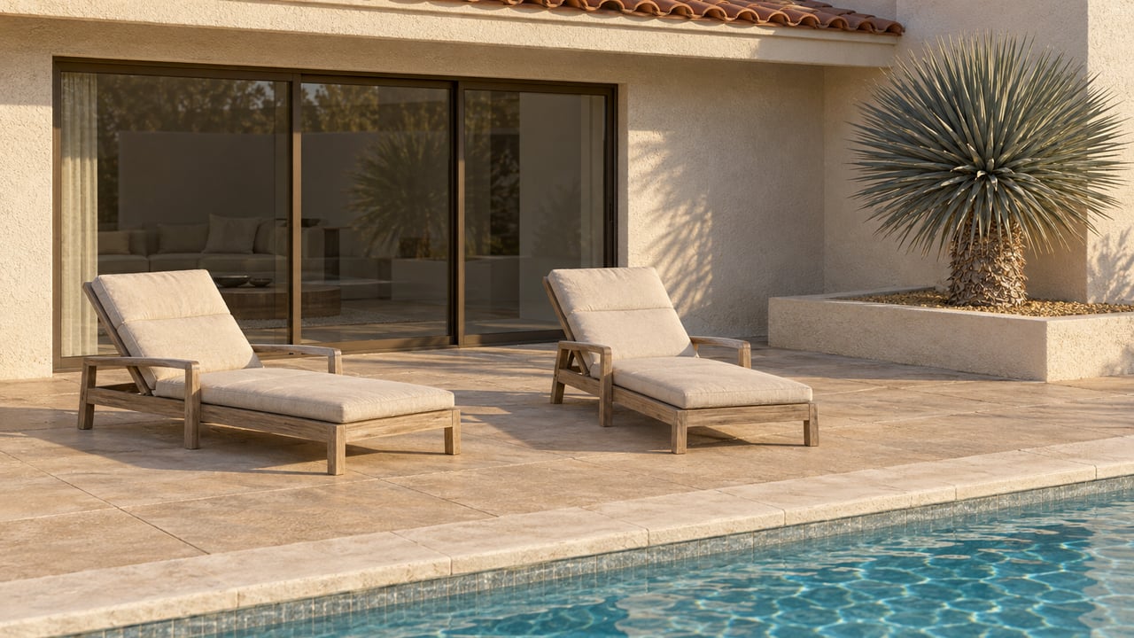 Sunlit stucco home terrace with two teak loungers, closed bronze-framed glazing, a sculptural yucca and pale stone pool coping.