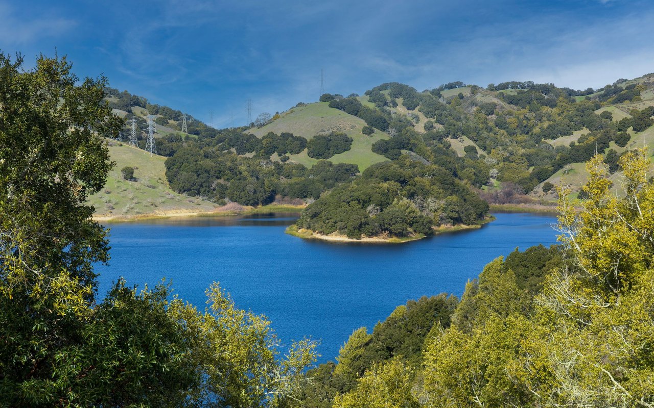 Blue reservoir with a wooded island and rolling green hills.
