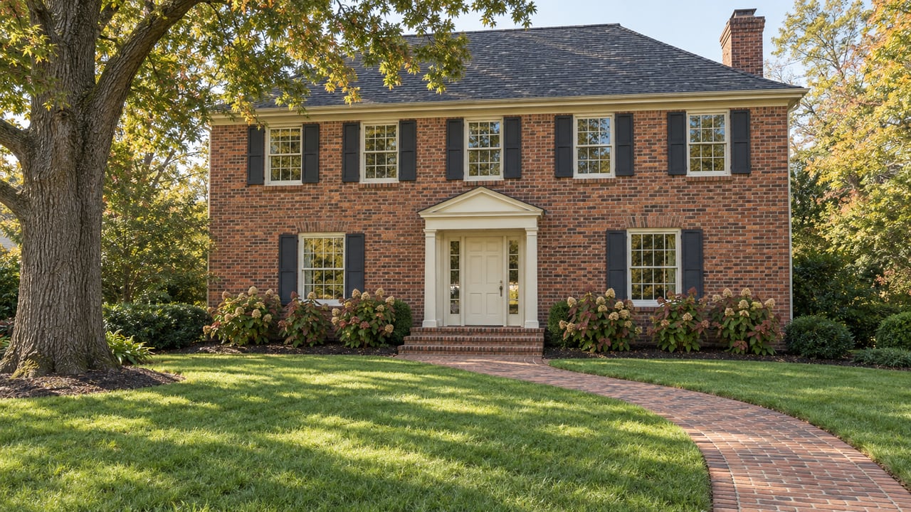 Red brick home with ivory trim, paired dark shutters, a long brick approach, and a mature white oak shading the front lawn.