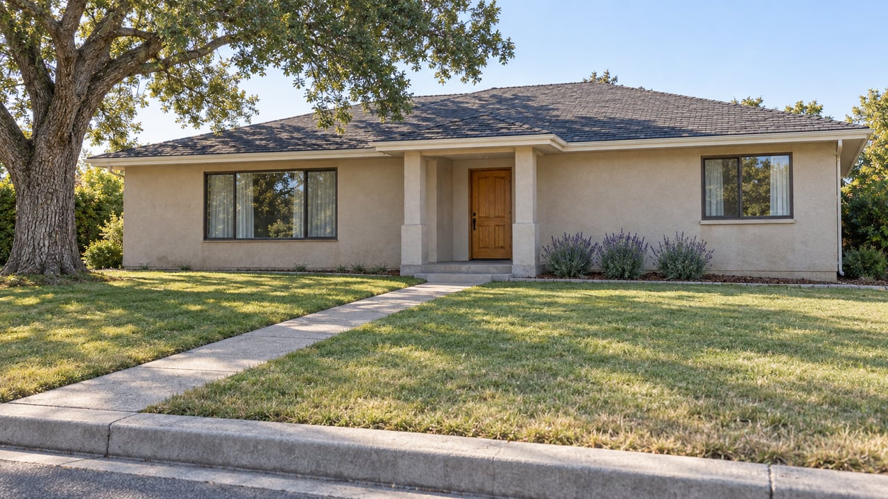 Single-story stucco house with a recessed wooden entry, front lawn, and large shade tree.