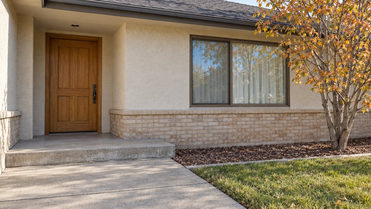 Sunlit cream stucco ranch entry with a honey-colored wood door, bronze-framed window, worn concrete walk, and an autumn serviceberry.