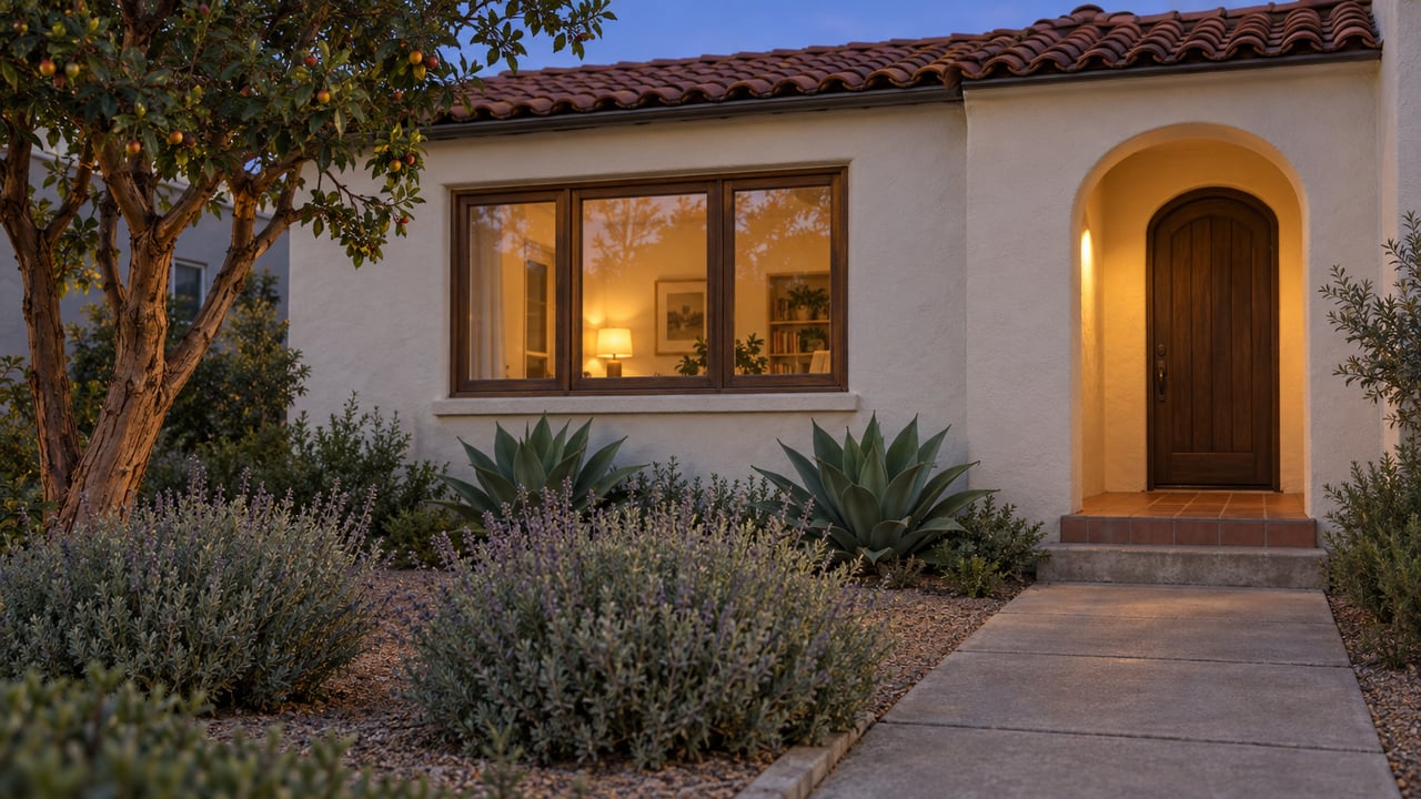 Cream stucco home at dusk with a terracotta roof, recessed arched doorway, warm window light, and a planted front garden.