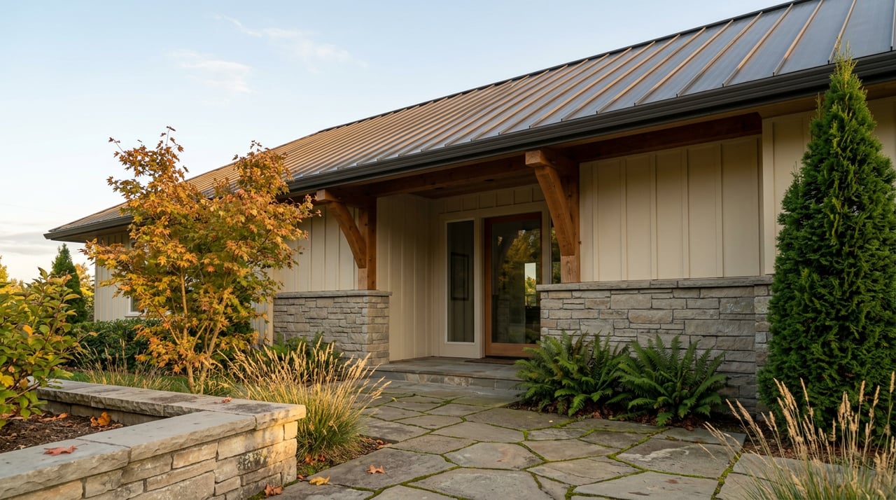Covered lodge entry with rough timber corbels, stacked-stone walls, flagstone path, and autumn vine maple.