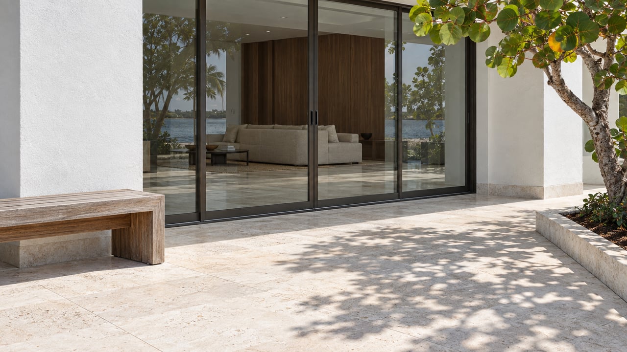 White stucco home with dark-framed sliding doors, pale limestone terrace, weathered teak bench and a sculptural sea grape tree.