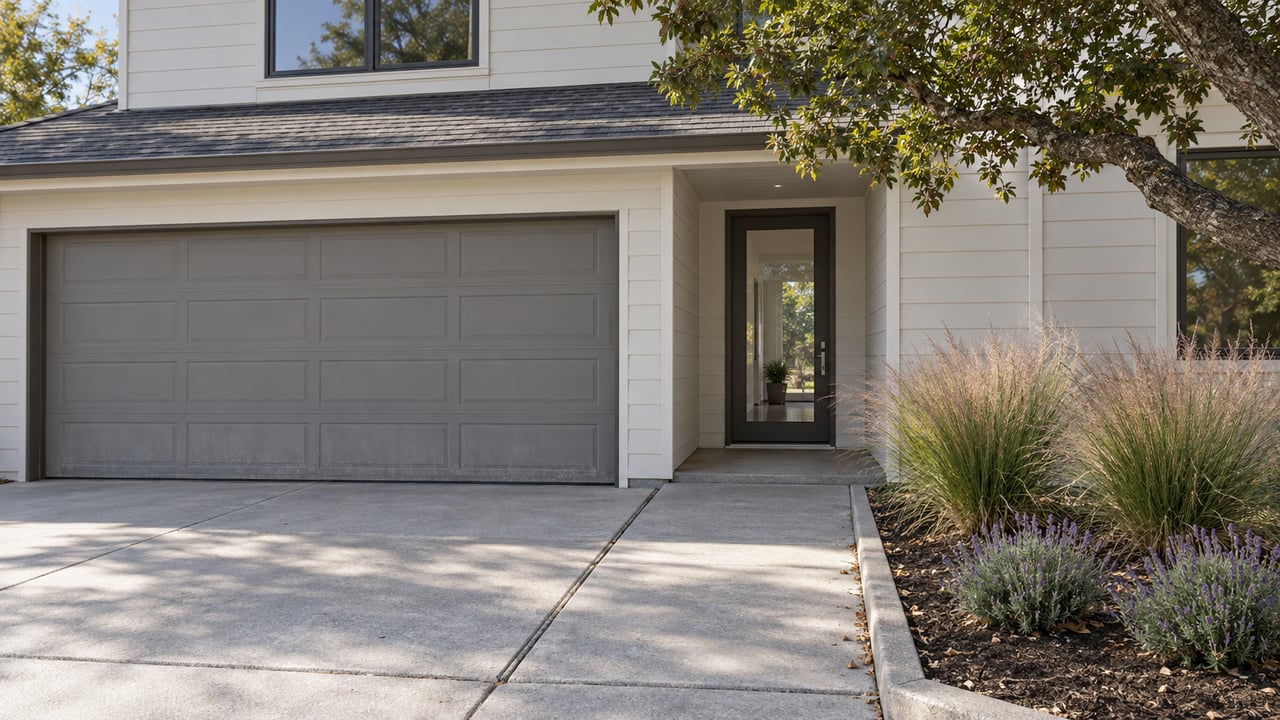 Suburban house with a two-car garage, glazed entry, oak canopy, and grasses edging the driveway.