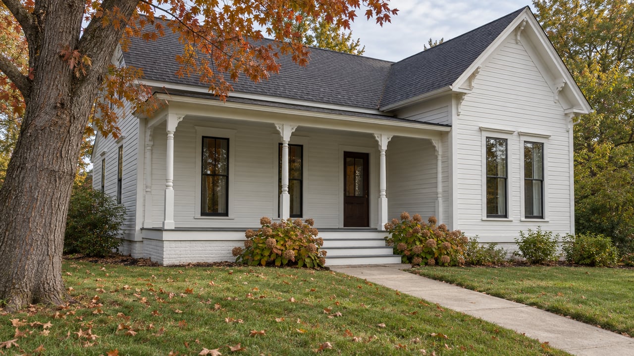Two-story white clapboard house with a broad porch, a front walk, and a russet-leaved oak.