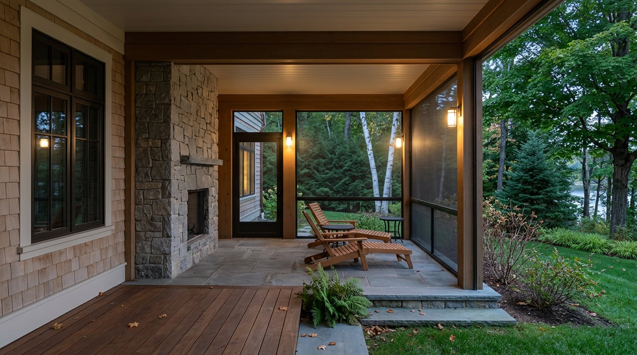 Screened porch with a stone fireplace opening onto a bluestone terrace and clipped lawn at dusk.