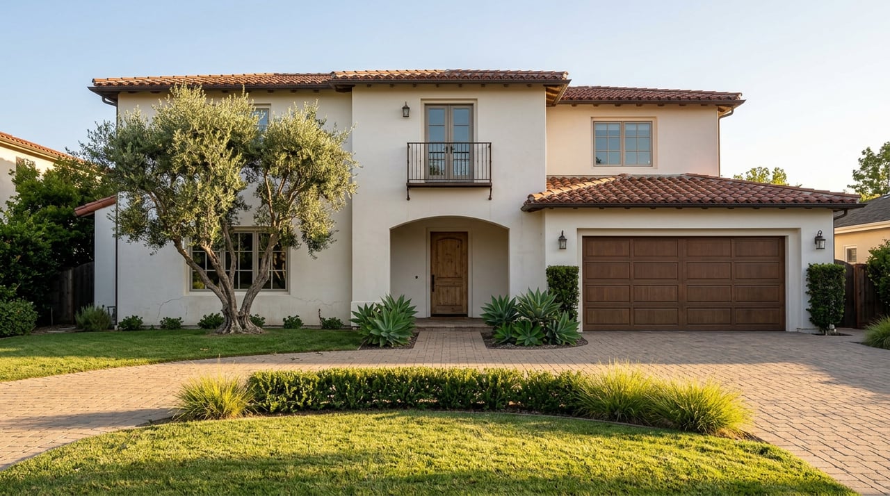 Two-story Spanish-Mediterranean home with red tile roof, arched entry, wood garage door, and olive tree by the curved driveway.