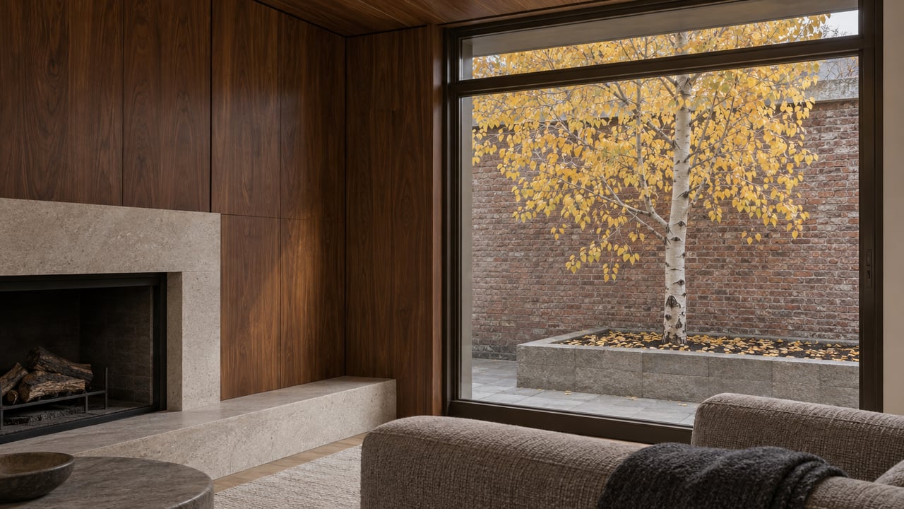 A golden aspen stands in a raised courtyard planter beyond a bronze-framed window.