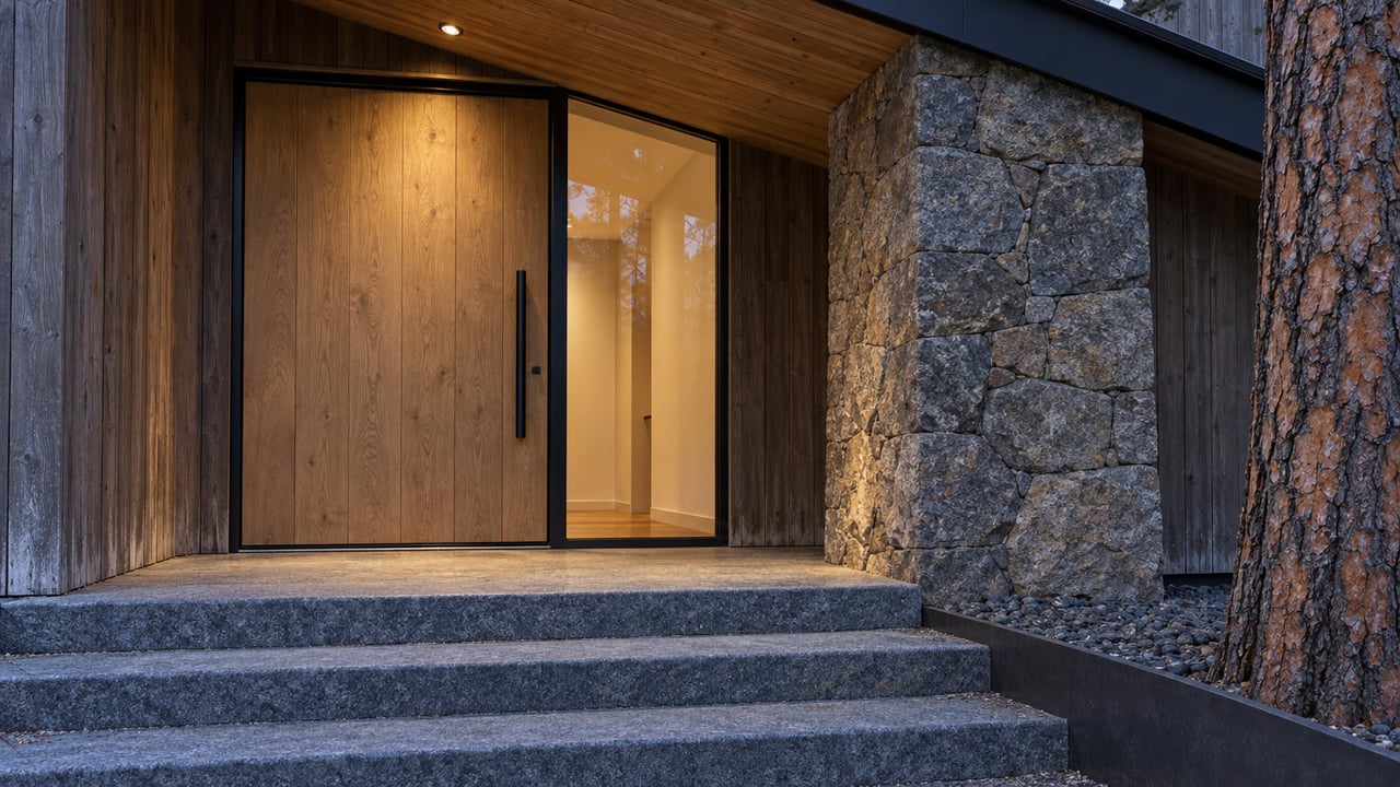 Warmly lit wood-and-stone home entrance at dusk, with granite steps and a mature pine beside the porch.