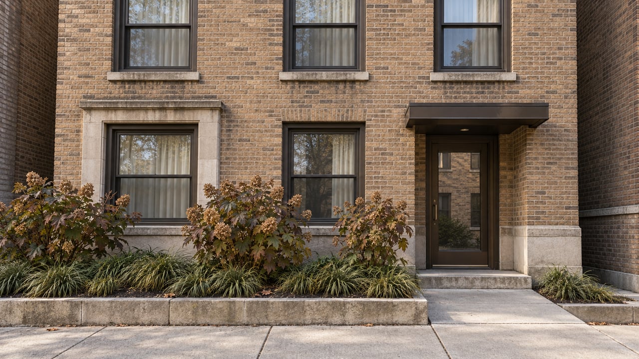 Buff-brick apartment facade with bronze-framed windows, a recessed glass entrance and autumn oakleaf hydrangeas beside a limestone-edged walk.