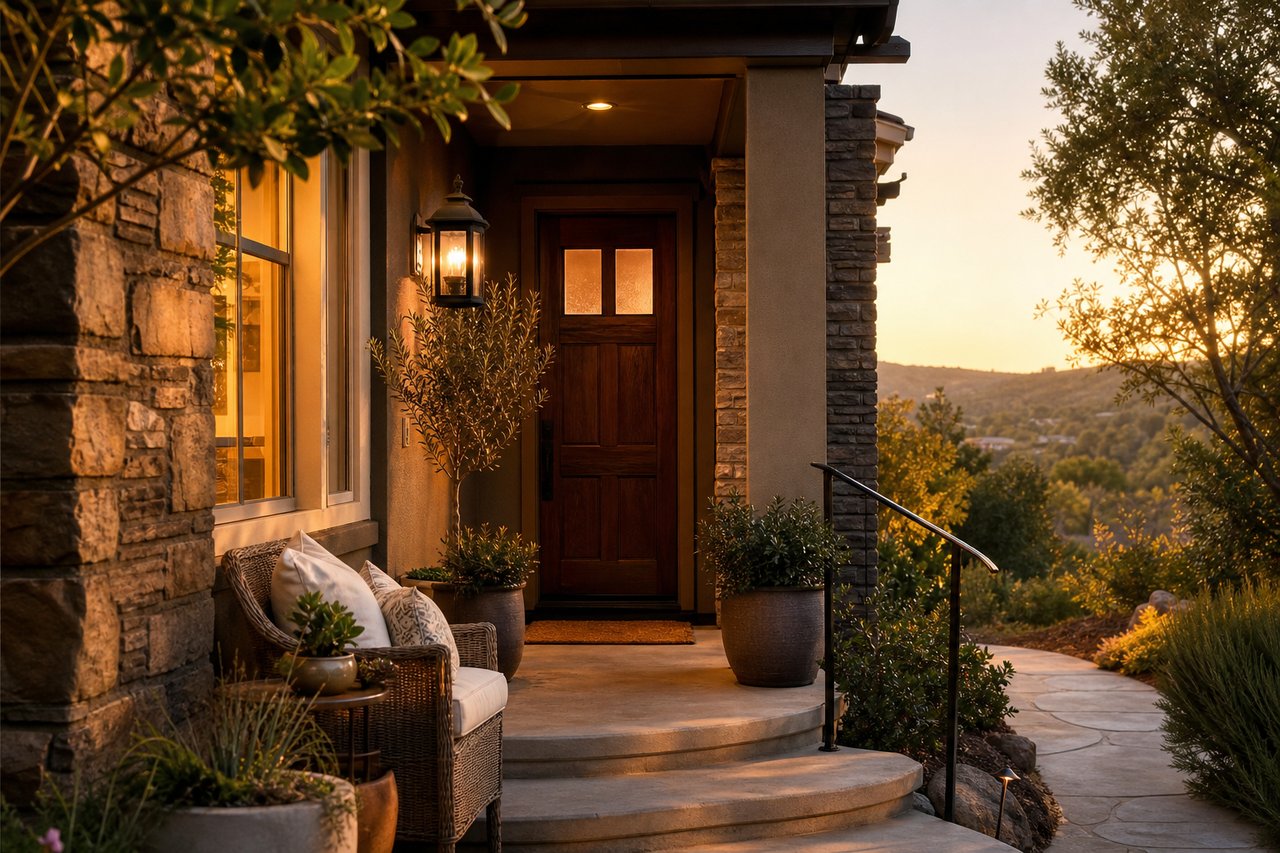 Stone-front home entry with a lit porch, wicker seating, and rolling hills at sunset.