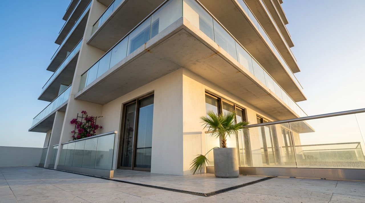 High-rise tower corner with stacked concrete balconies, glass railings, a potted palm, and flowering bougainvillea.